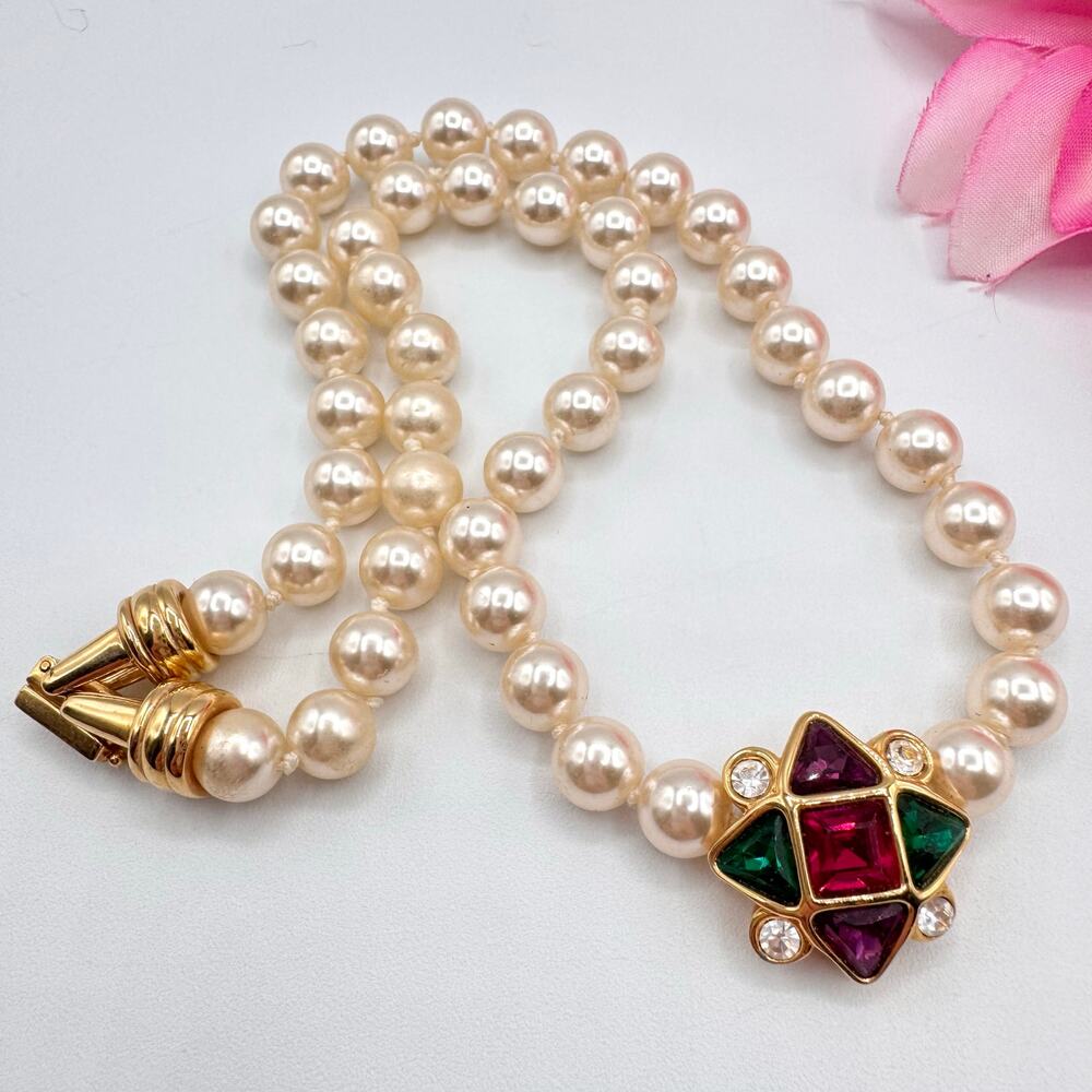 Vintage Swarovski Jewel Tone Crystal Pendant Glass Pearl Necklace Swan Signed